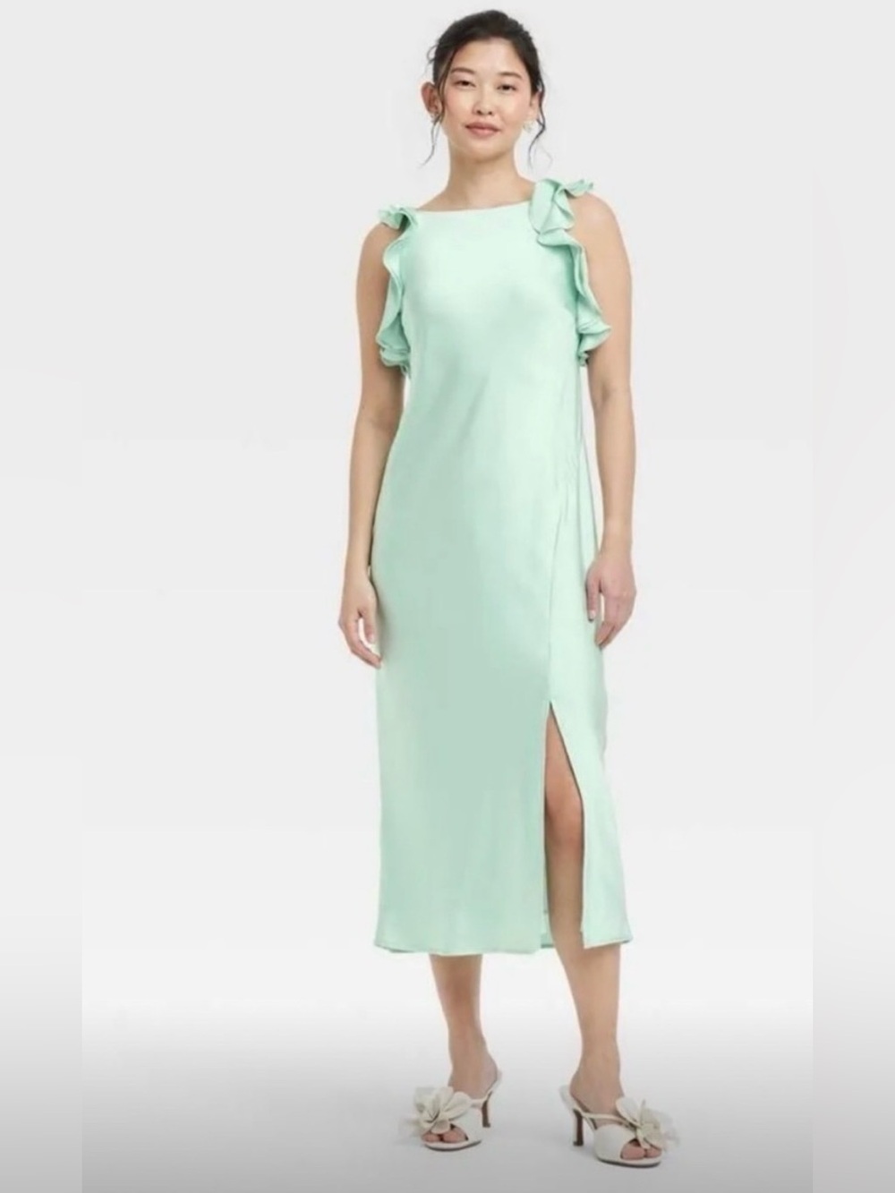 Satin Ruffle-Shoulder Mint Midi Dress